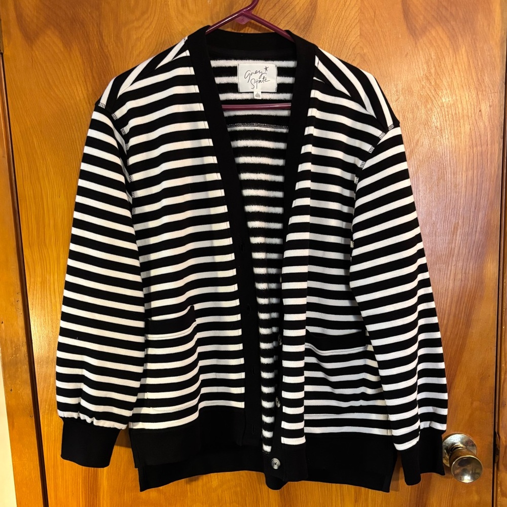Ladies Grey State Black and White Striped Cardigan with pockets